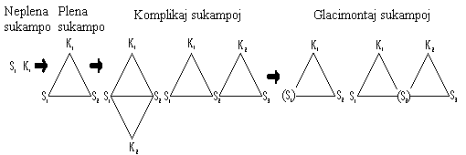 Neplena sukampo -> Plena sukampo -> Komplikaj sukampoj -> Glacimontaj sukampoj